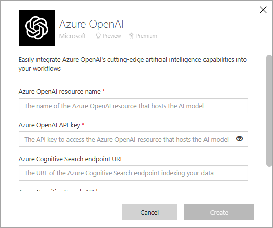 Screenshot showing connection properties dialog for your Azure OpenAI deployment.