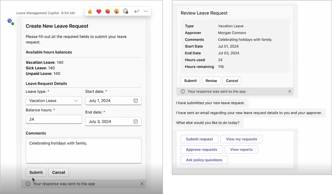 Screenshots of Create New Leave Request and Review Leave Request pages.