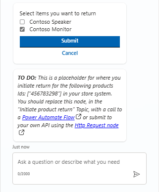 Third of three screenshots showing a test of initiating a return in a Store Operations agent.