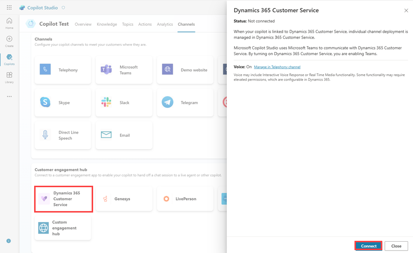 Screenshot of the Dynamics 365 Customer Service customer engagement hub, highlighting the Connect button.