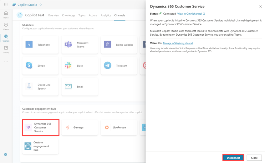 Screenshot of the Dynamics 365 Customer Service customer engagement hub, highlighting the Disconnect button.