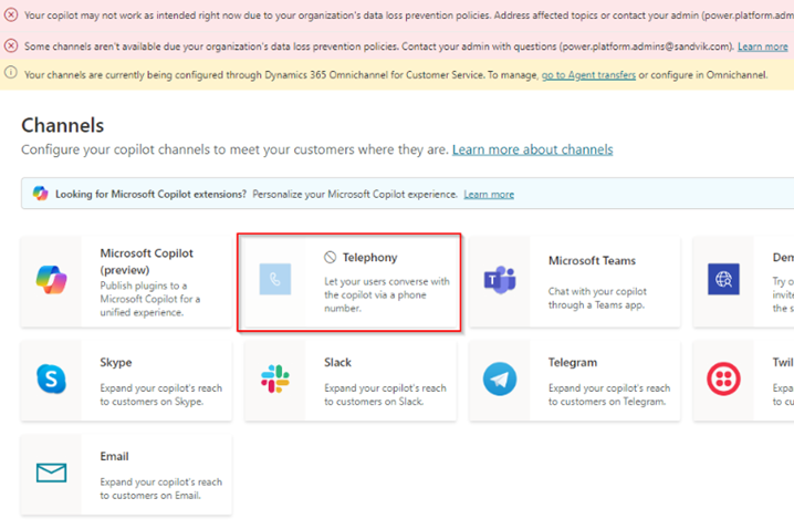 Screenshot of the telephony channel being disabled, along with error status messages.