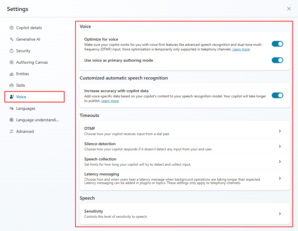 Screenshot of the Voice settings for a voice-enabled copilot.