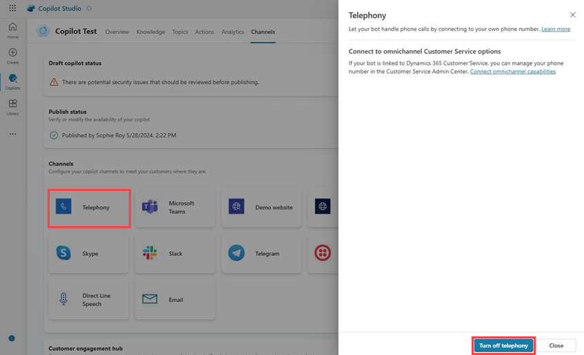 Screenshot of the Telephony channel, highlighting the Turn off telephony button.