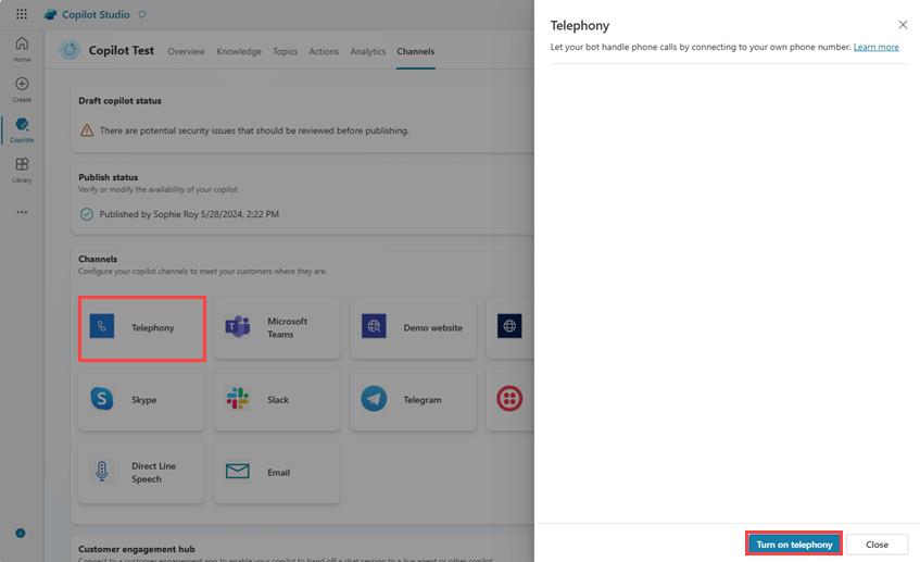 Screenshot of the Telephony channel, highlighting the Turn on telephony button.