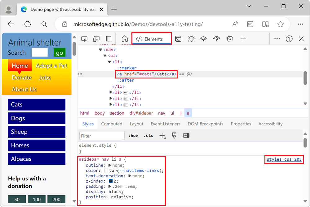 The Elements tool, with the 'a' node highlighted