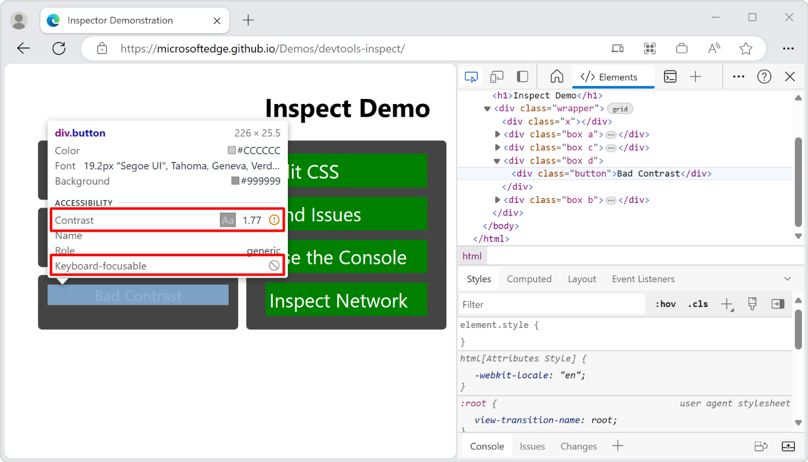 Elements that lack sufficient contrast have a warning icon