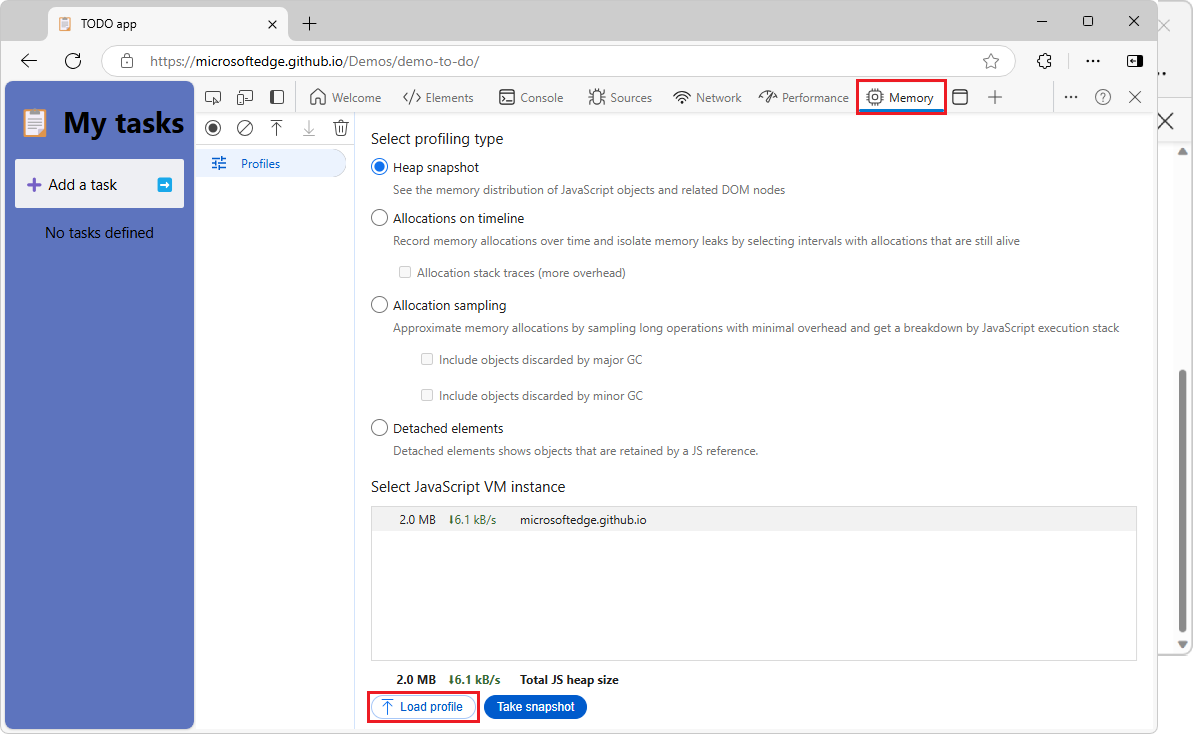 Microsoft Edge, showing the Memory tool in DevTools, with the Load button