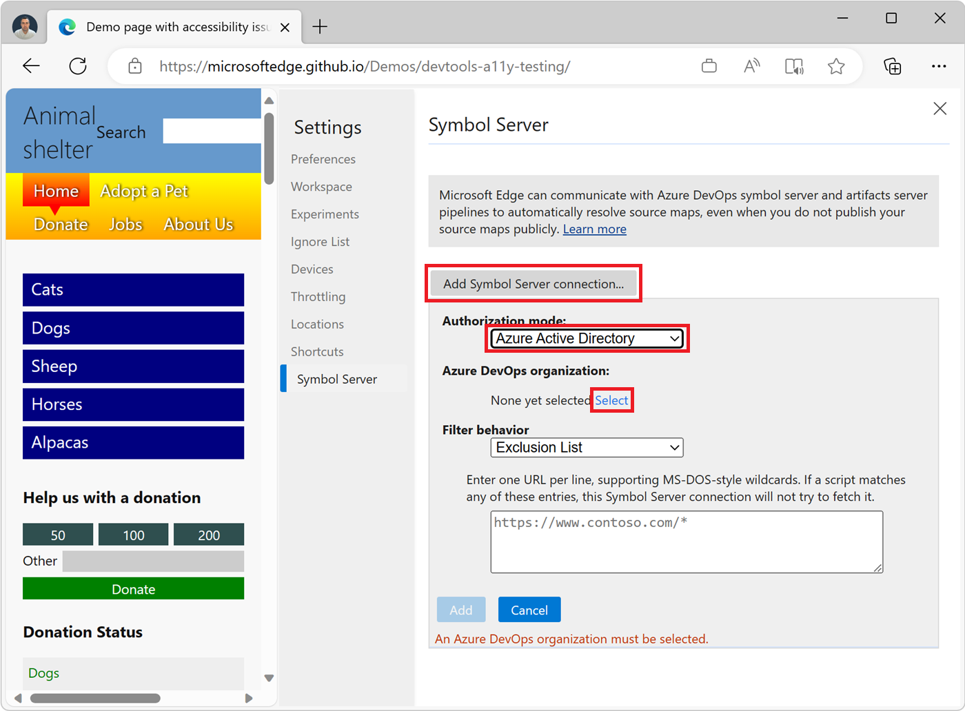 The Symbol Server setting screen in DevTools