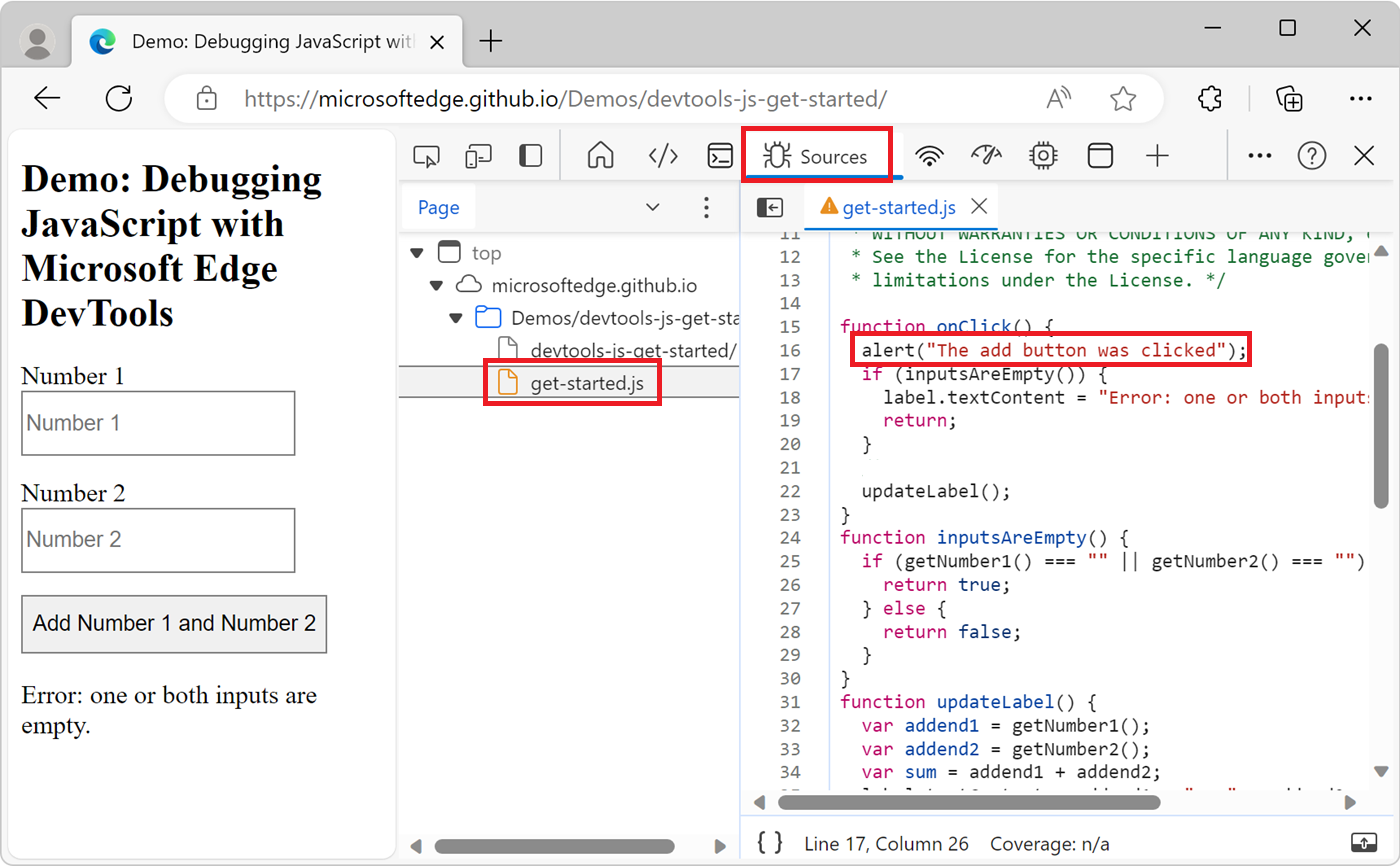 The Sources tool, showing the code change in the get-started.js file