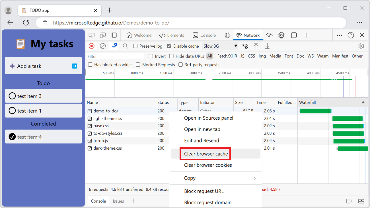 The 'Clear browser cache' right-click command