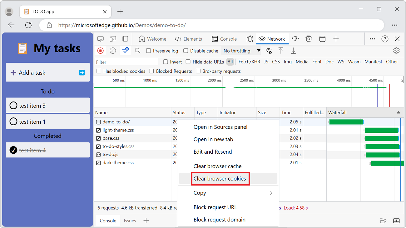 The 'Clear browser cookies' right-click command in the Requests table of the Network tool