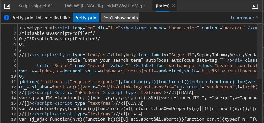 Infobar for pretty-printing a minified file in Microsoft Edge 83