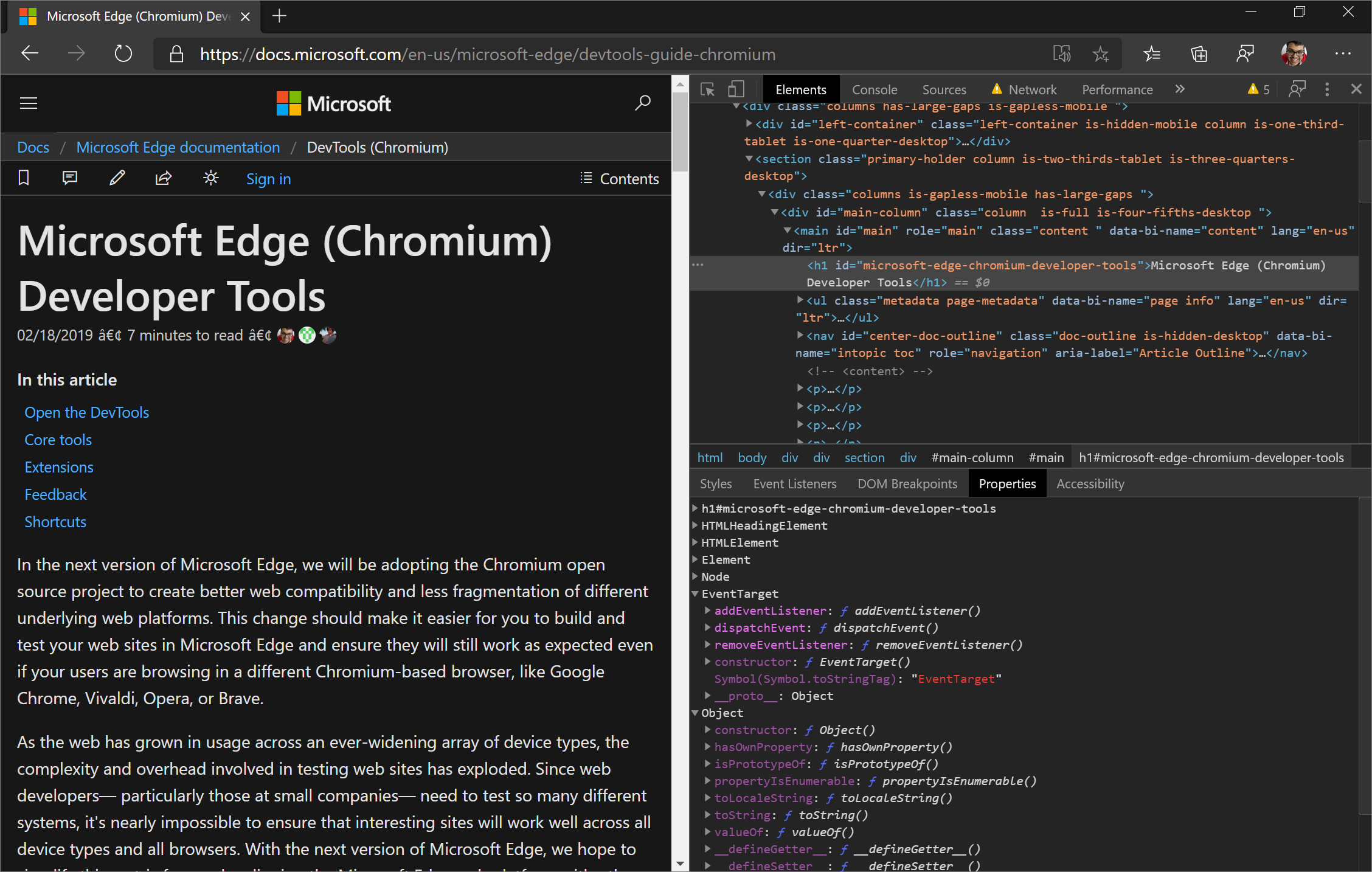 In Microsoft Edge 83, the Properties tab displays the properties of the currently selected element after a page refresh