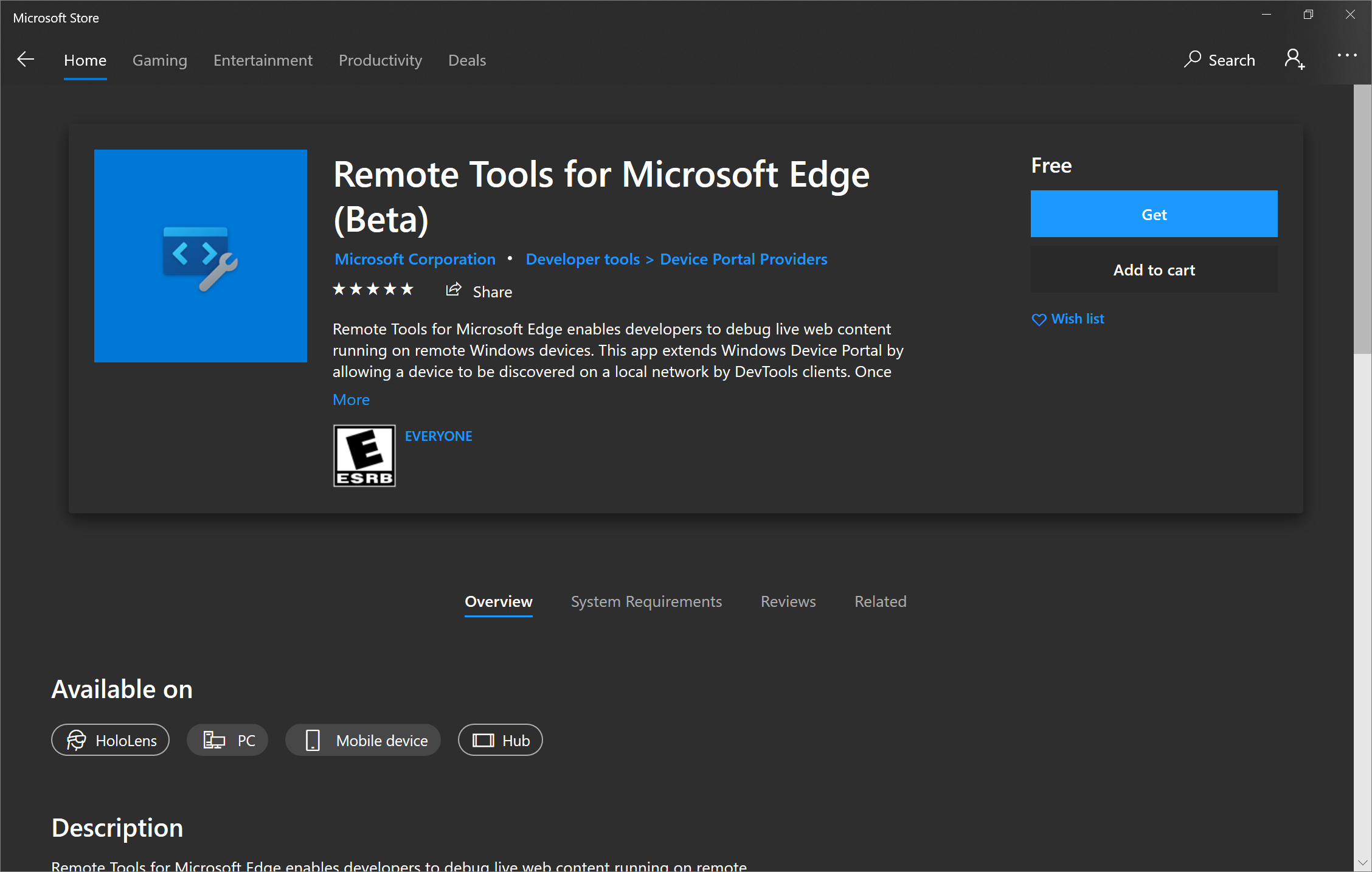 The Remote Tools for Microsoft Edge app available in the Microsoft Store