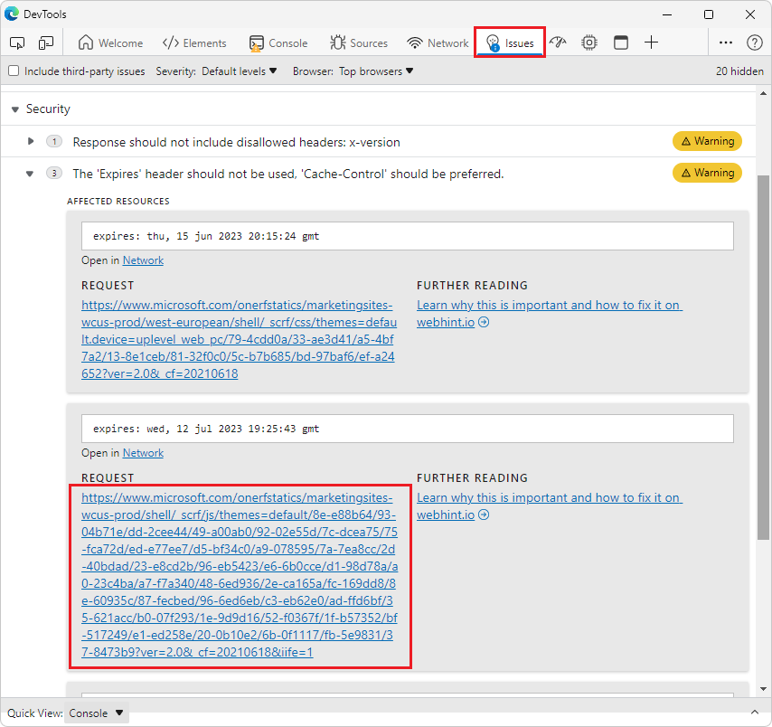 Issues tool showing a long URL, making the issue entry too tall