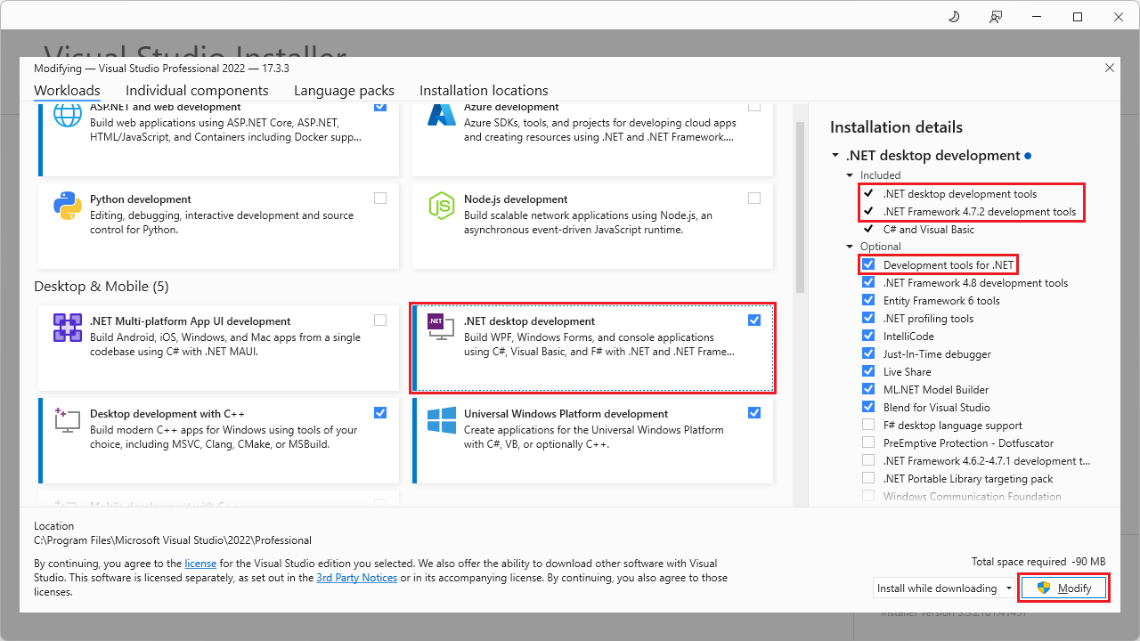 Visual Studio 2022 'Modifying' dialog to install templates for '.NET desktop development'