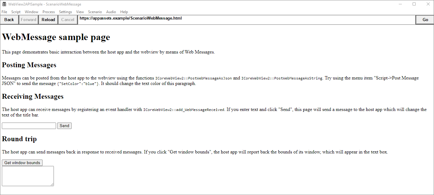 The Web Messaging sample page, which demonstrates basic interaction between the host app and the WebView2 instance by using Web Messages