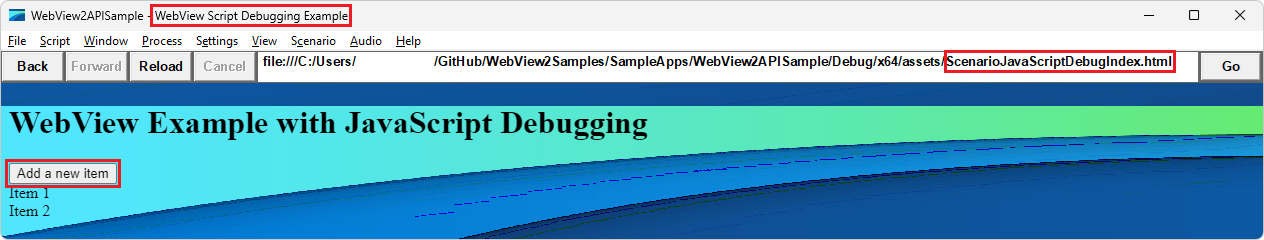 Rendered HTML file "WebView Script Debugging Example"