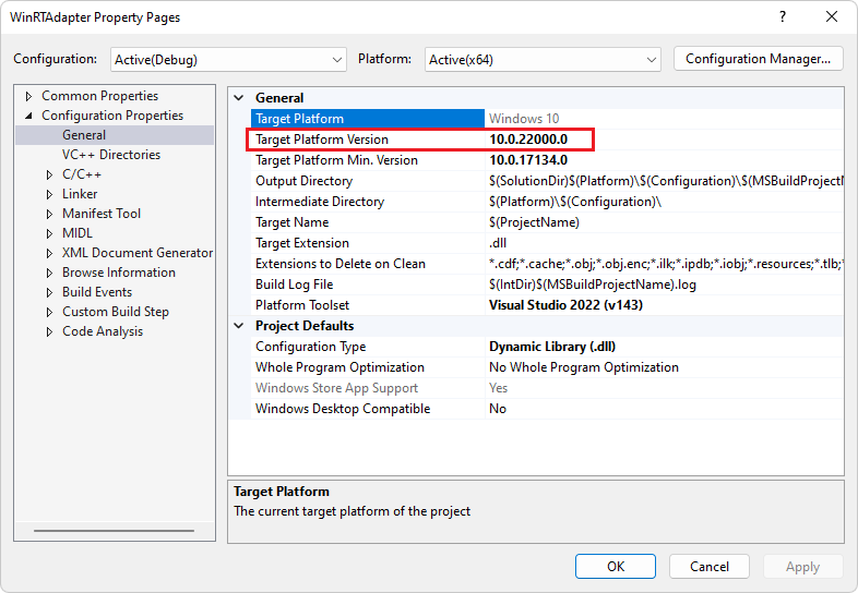 Configuration properties for WinRTAdapter project