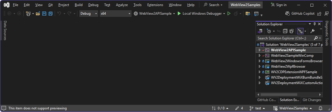 The WebView2APISample project selected in Solution Explorer