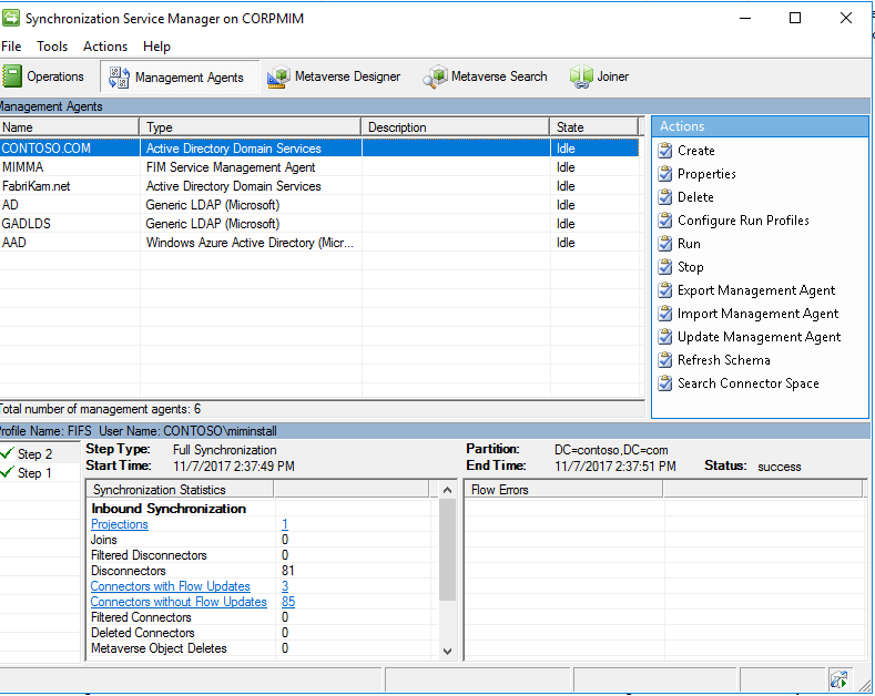 The Management Agents list in Synchronization Service Manager