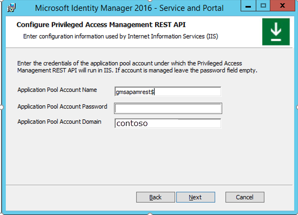 The Configure Privileged Access Management REST API window