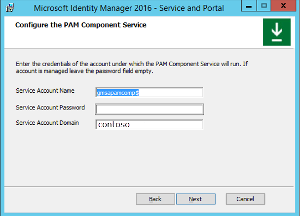 The Configure PAM Component Service window