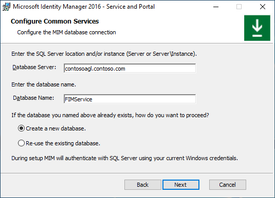 Configure the MIM database connection screen image