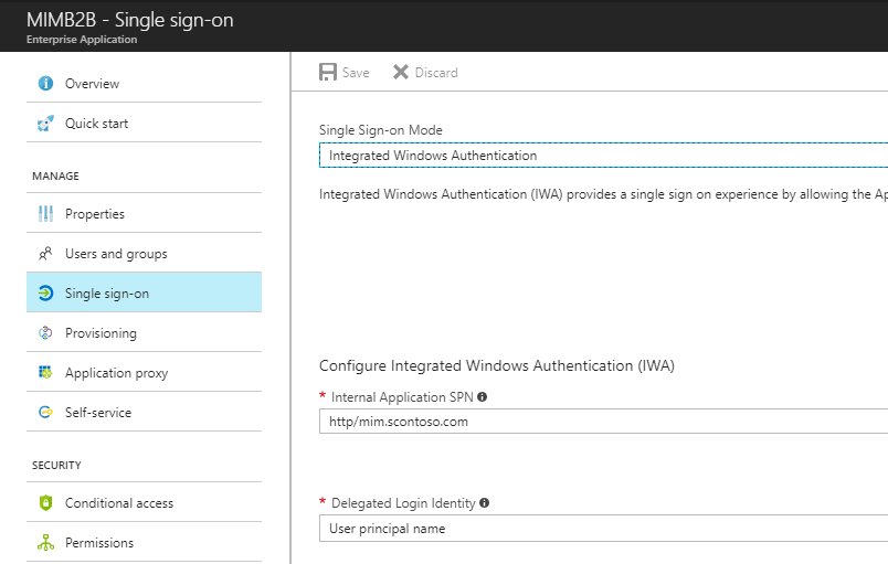 Screenshot showing the MIM B 2 B manage single sign-on screen.