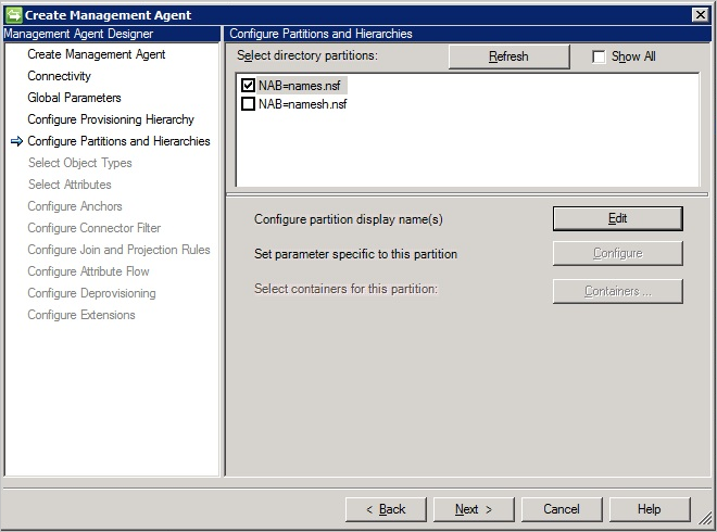 screenshot of MIM Sync Notes connector Partitions page