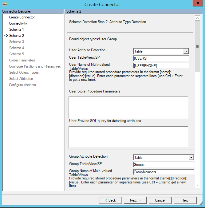 Screenshot showing Attribute Detection value of table and table value of users, and a Next button.