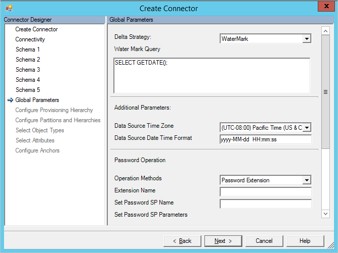 Screenshot showing the fields for delta strategy and the date and time format, and a Next button.