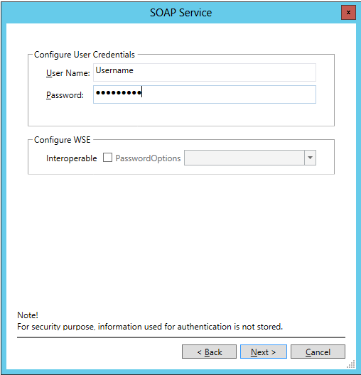 SOAP service screen with user name and password