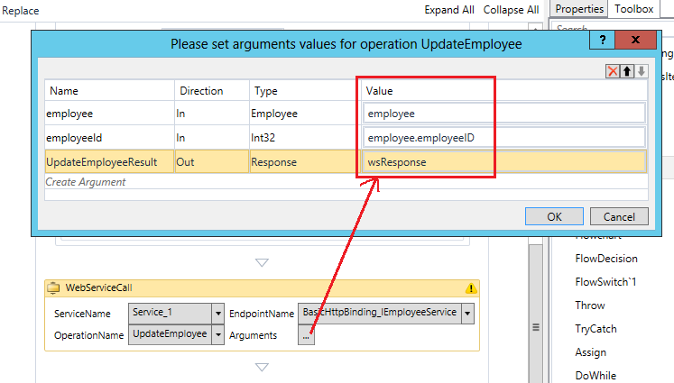 Screenshot showing values for adding a Web Service call activity.