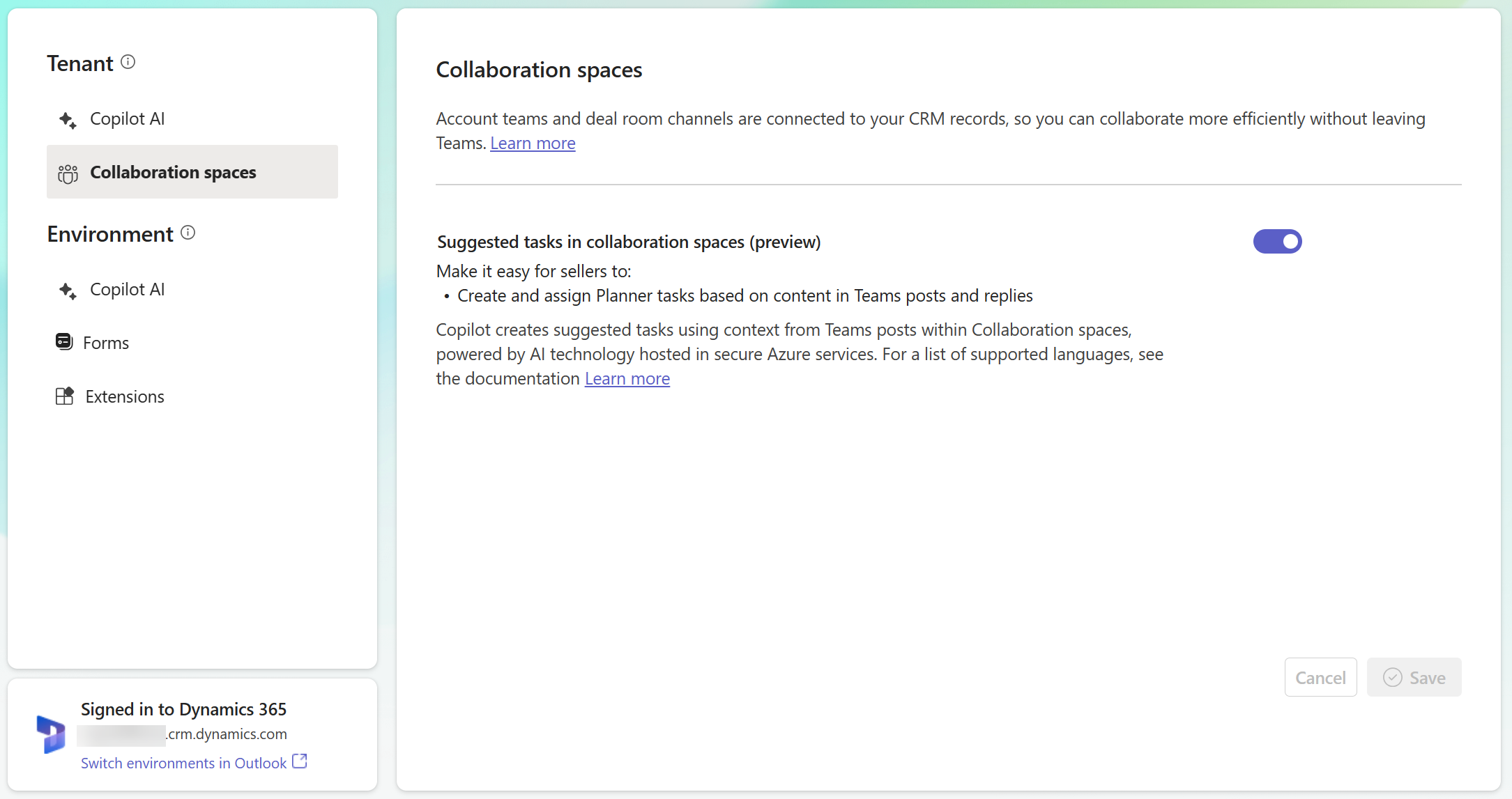 Screenshot showing the admin settings for collaboration spaces.