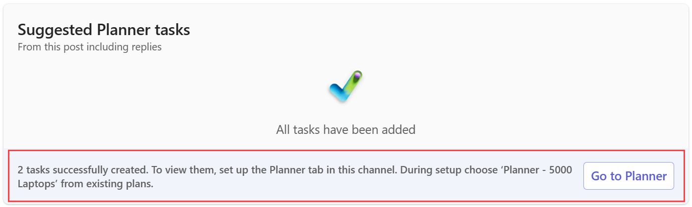 Screenshot showing a confirmation message about successful creation of Planner tasks.