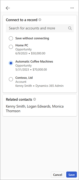 Screenshot showing AI-powered suggestions and related contacts under Connect to a record.