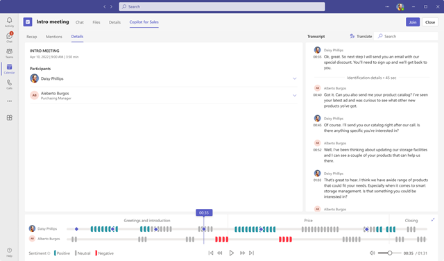 Screenshot of the Details tab in the Copilot for Sales meeting summary.