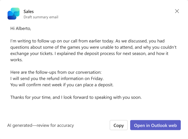 Screenshot showing AI-generated draft email from meeting recap in Teams.