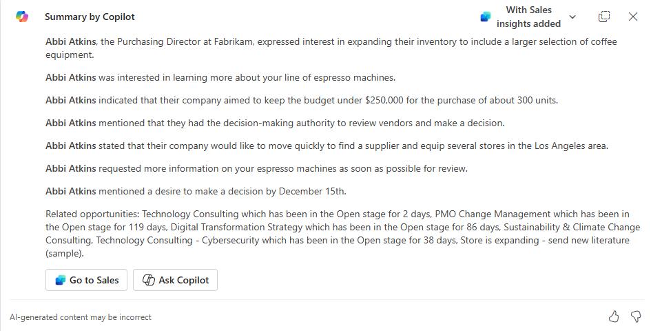 Screenshot of a Copilot for Sales email summary in Outlook on the web with account and opportunity details added.