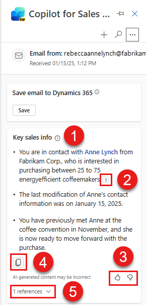 Screenshot of an email summary card in the Copilot for Sales pane in Outlook when reading an email, with numbered callouts.