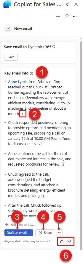 Screenshot of an email summary card in the Copilot for Sales pane in Outlook when replying to an email, with numbered callouts.