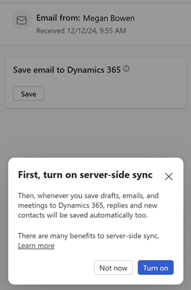 Screenshot showing the server-side sync notice in the Copilot for Sales side pane.