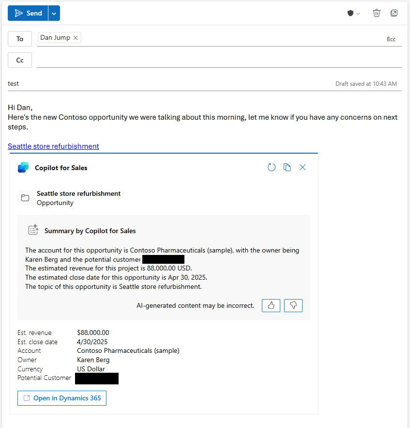 Screenshot showing the adaptive card added in Outlook email.