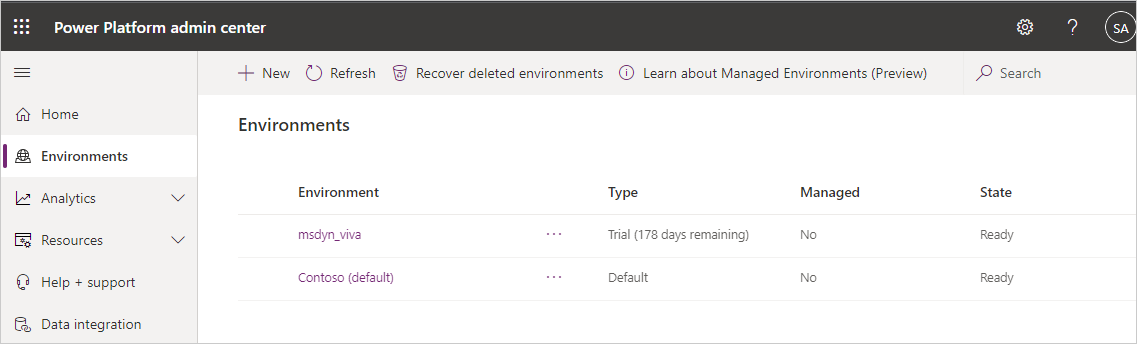 Screenshot that shows the default Dataverse instance in Power Platform admin center.