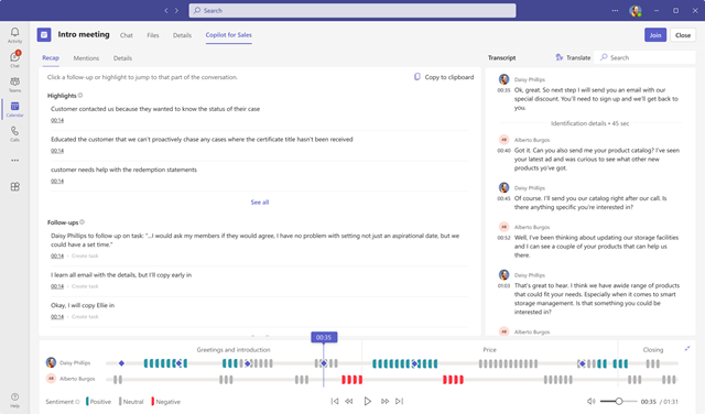 Screenshot of the Recap tab in the Copilot for Sales meeting summary.