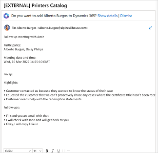 Screenshot showing how to copy and paste content from Recap tab in Copilot for Sales meeting summary.