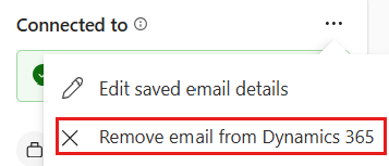 Screenshot of the Connected to card in the Copilot for Sales side pane, showing the More actions menu with the remove option highlighted.