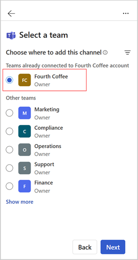 Screenshot of the Select a team step in Copilot for Sales for Outlook.